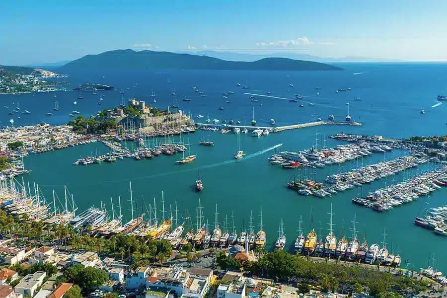 Aerial view of Bodrum Castle, the marina and yachts anchored in the bay